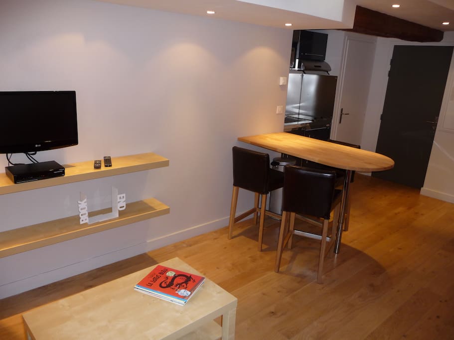WIFI, TV avec plus de 40 chaines. Coin cuisine entièrement équipé avec frigo, plaque cuisson, four micro onde, vaisselle....