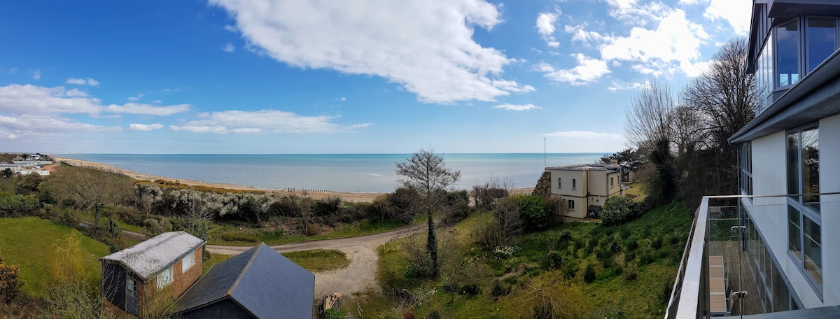 A panoramic view showcases the coastline of Rye Bay under a clear blue sky. The image captures the serene sea and sandy beach lined with sparse vegetation, while the distant shoreline is visible. The landscaped area and nearby structures provide context to the scenic setting.