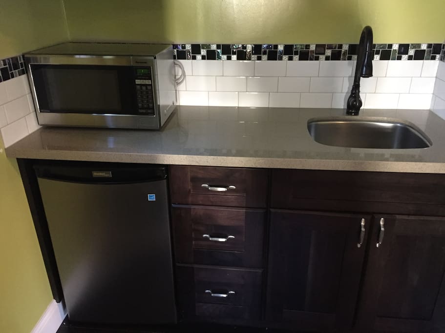 mini fridge, microwave and sink