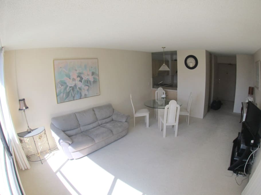 The living room from the other side. The different colors of beige makes this condo extremely relaxing. All central Air in Living room and bedroom! The sofa bed has been upgraded and is darker color but brand new and more comfortable.