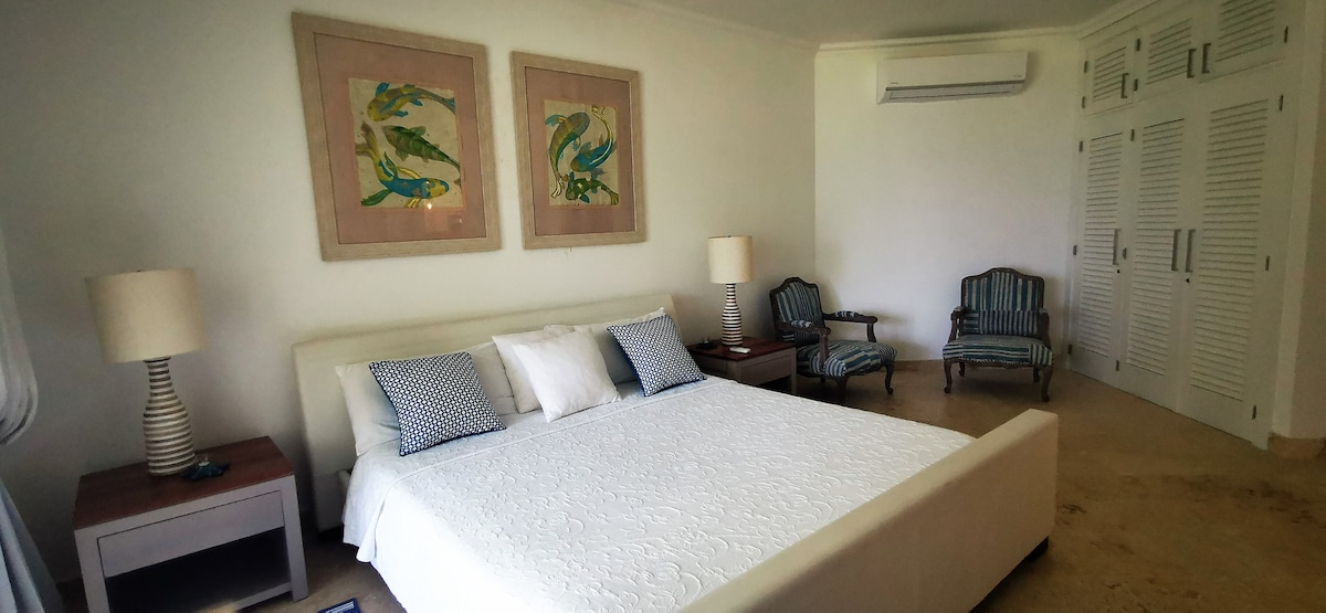 تحتوي غرفة النوم الرئيسية التي تحتوي على حمام داخلي على سرير كبير الحجم ومساحة عمل.