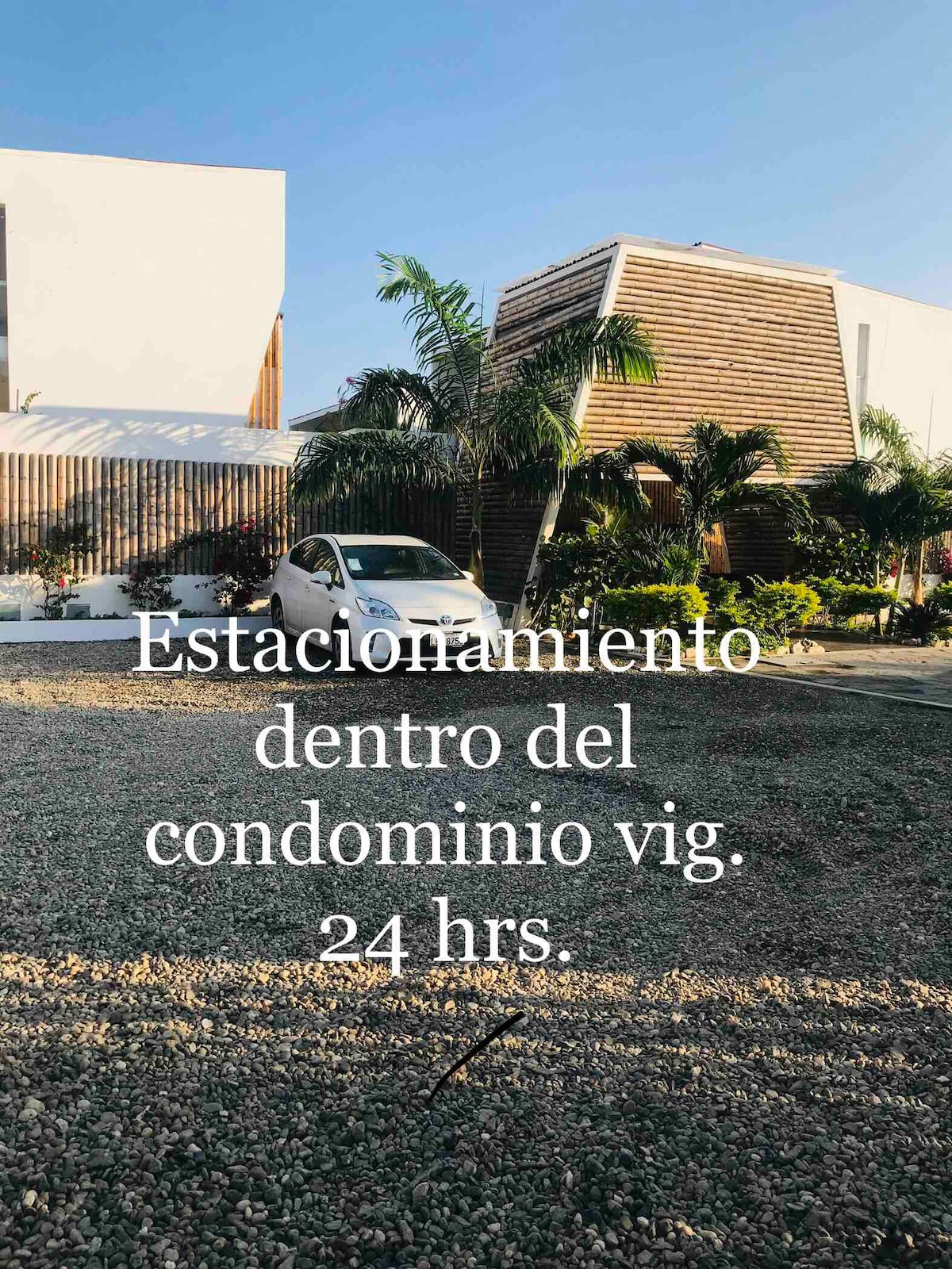 A designated parking area is visible within the condominium premises, featuring a vehicle parked on a gravel surface. The space is surrounded by tropical plants, and the entrance to the building is marked by modern wooden accents.