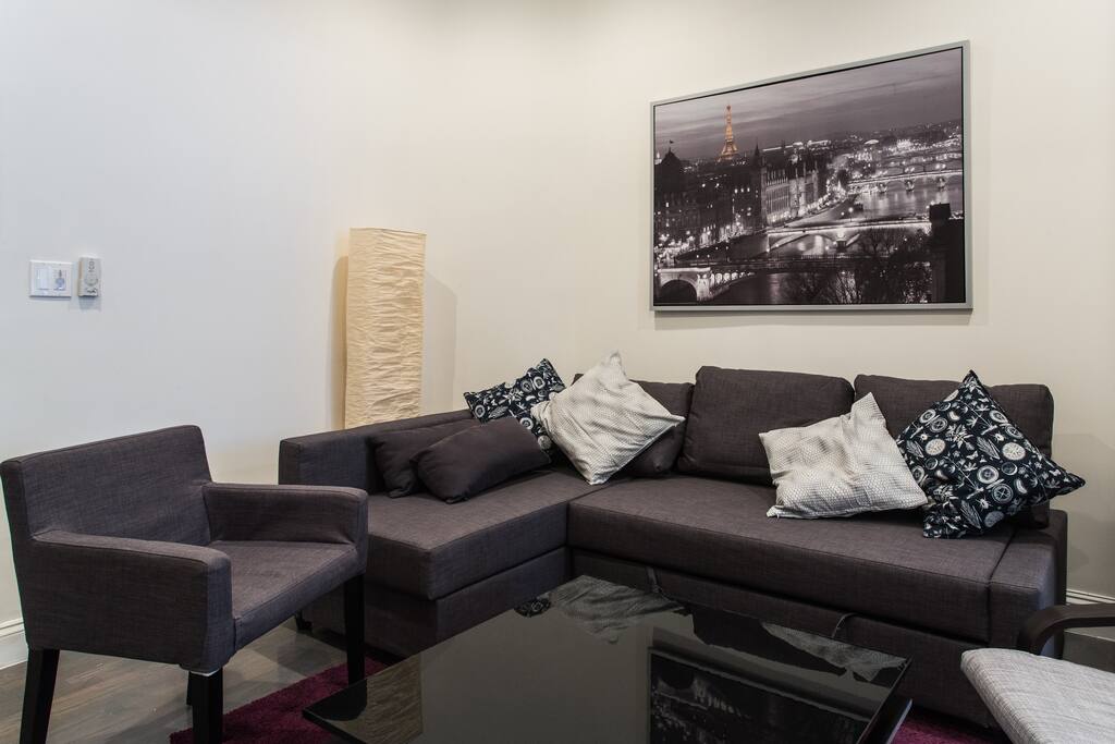 The sofa easily converts into an extended double bed, with linens and pillows to go with it