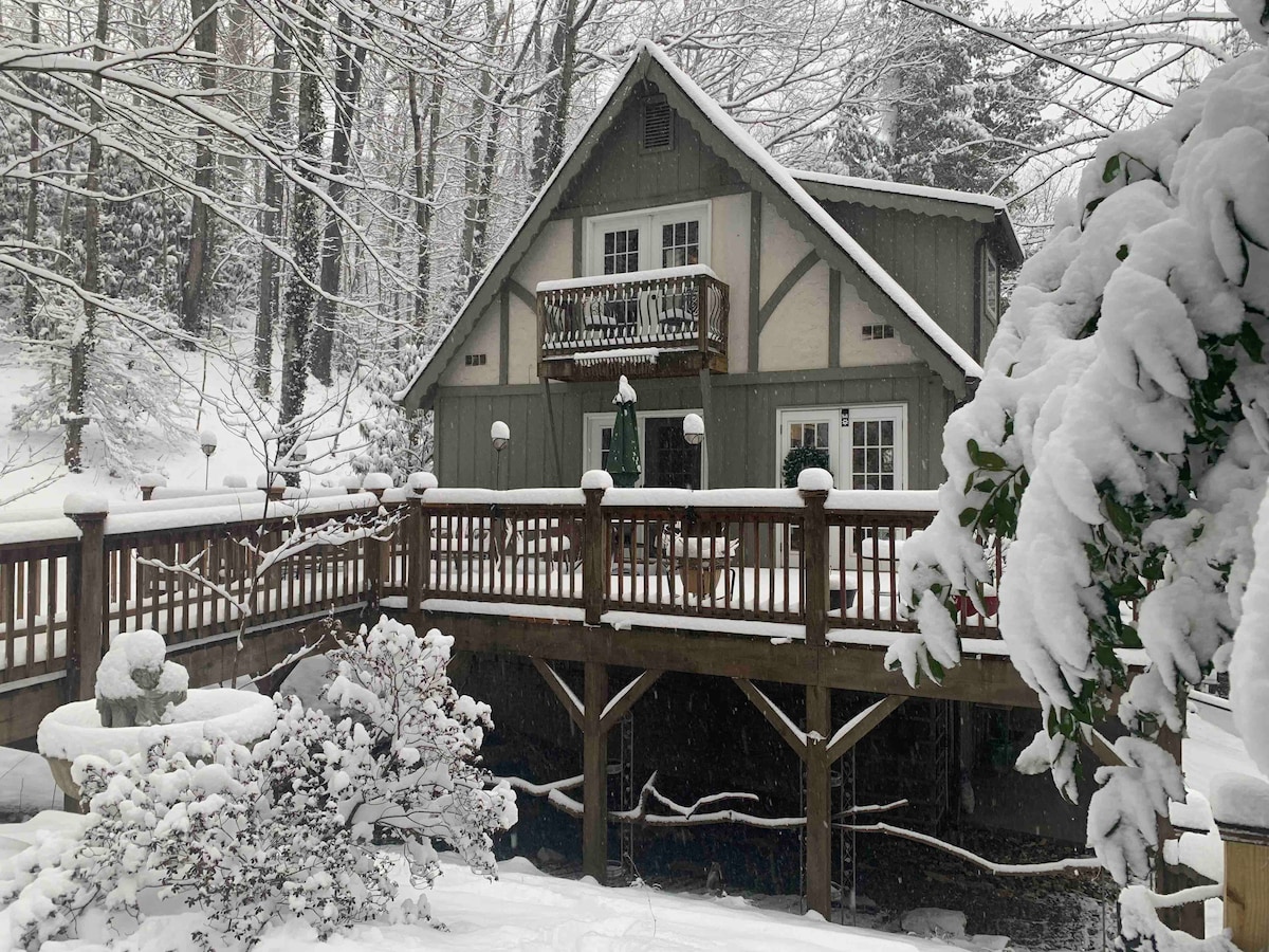 The cottage is surrounded by a snowy landscape, featuring a wooden bridge leading to the entrance. The roof is blanketed in fresh snow, and snowflakes gently fall around the structure. The balcony is visible, adorned with snow, while trees in the background are also covered.