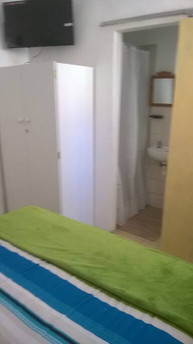 This is the bathroom as seen from the bedroom.
