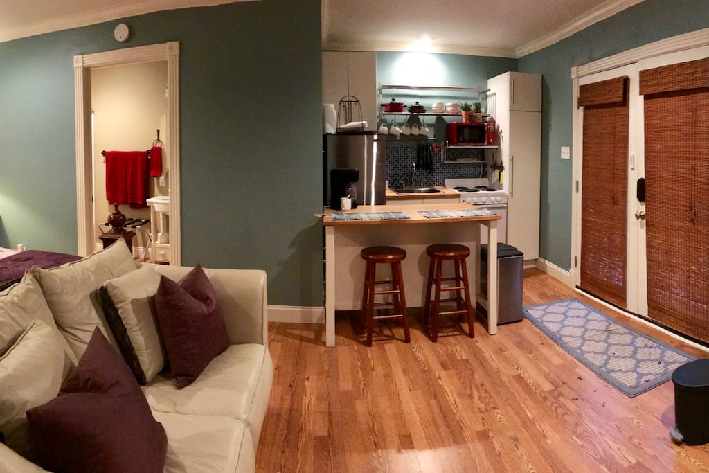 A beautiful King bed accompanied by a single pullout sofa (perfect for the kiddos), a full kitchen, bath and laundry room.