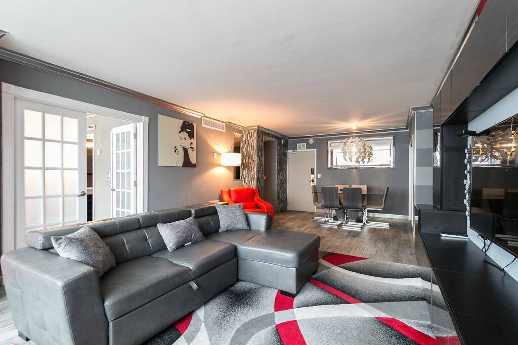 Renovated living room with cable tv