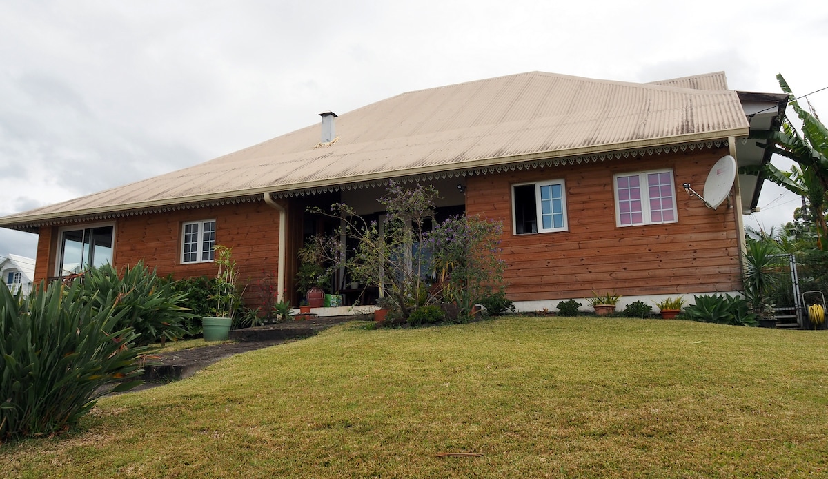 A large wooden house is set against a cloudy sky, showcasing a sloped roof and a landscaped front yard. Green grass and various plants surround the entrance, creating a natural setting. Two windows, one pink and one white, offer a touch of color to the exterior.