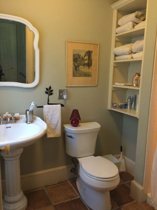 Bathroom with shower directly across the hall from Greenroom.