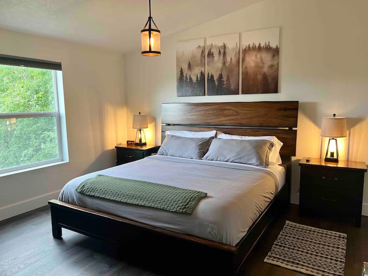 Master bedroom with king bed, attached bathroom, and walk-in closet. 