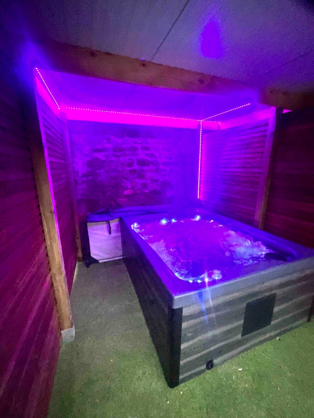 A private jacuzzi for two is shown, surrounded by wooden paneling. Ambient purple lighting highlights the space, reflecting off the water's surface. The soothing jets are visible, creating a relaxing atmosphere within the compact enclosure.