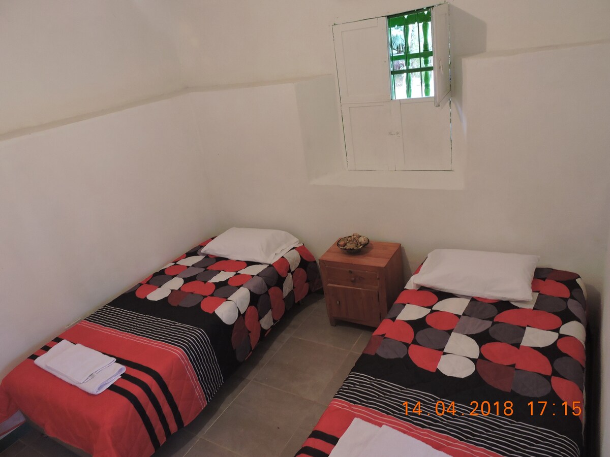 A well-lit room features two individual beds covered with patterned linens in shades of red, black, and white. A wooden nightstand sits between the beds, and a small window allows natural light to illuminate the space.