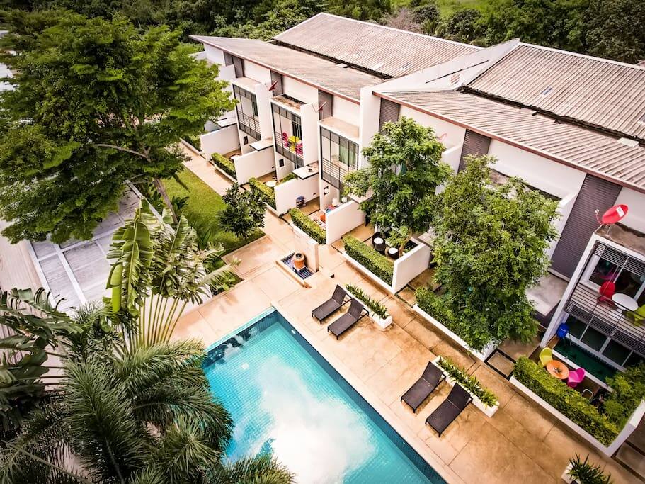 Overhead the building and pool
