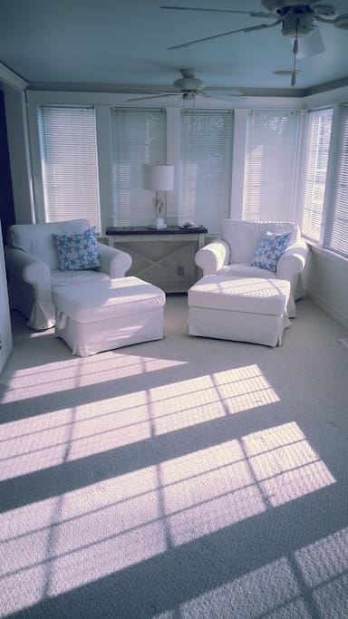 Plush furniture in the front room with light flooding in.