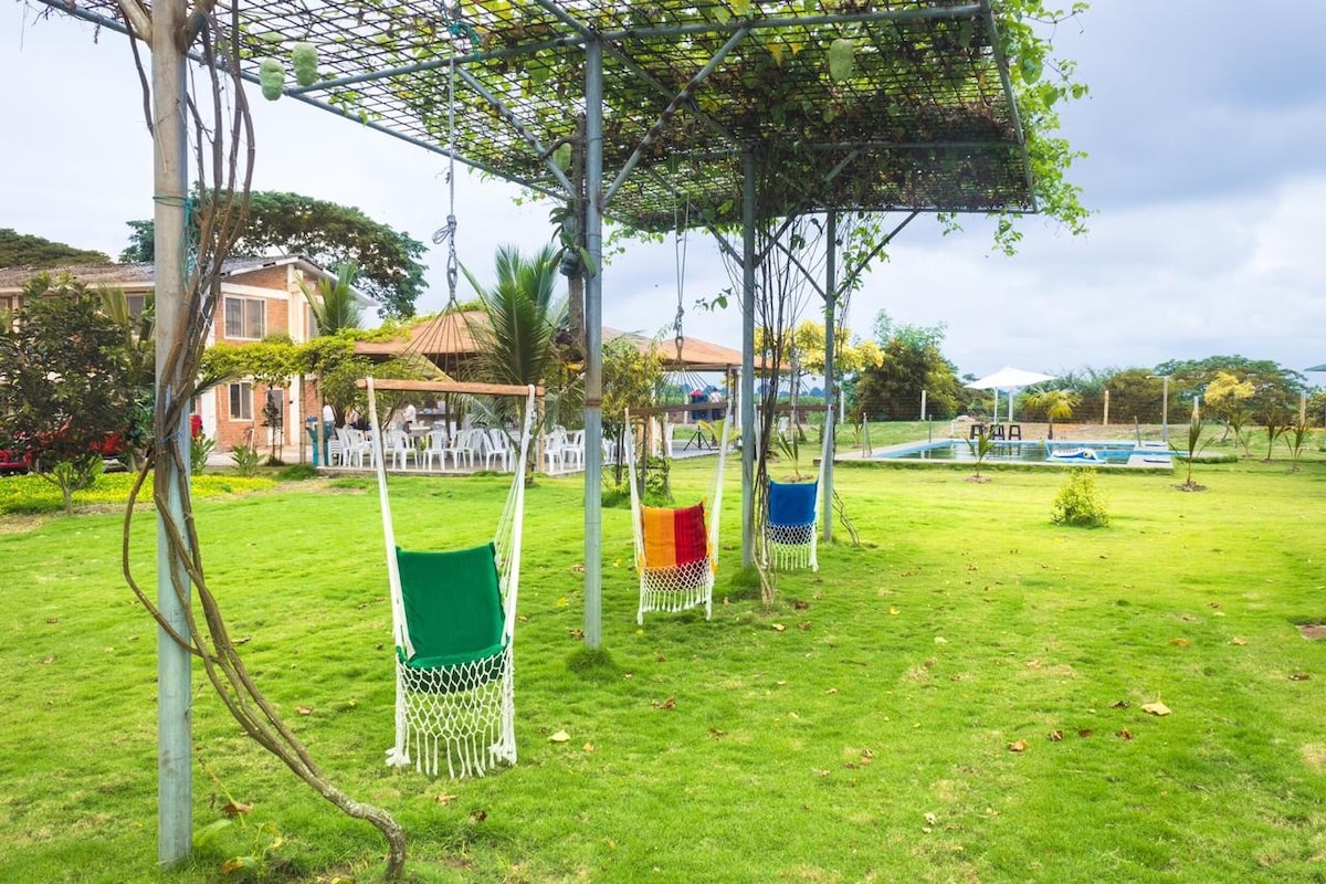 A serene outdoor area features vibrant hanging chairs in red, blue, and green, suspended from a trellis. The well-maintained lawn surrounds a swimming pool, with additional seating visible in the distance against a backdrop of tropical foliage and neighboring buildings.