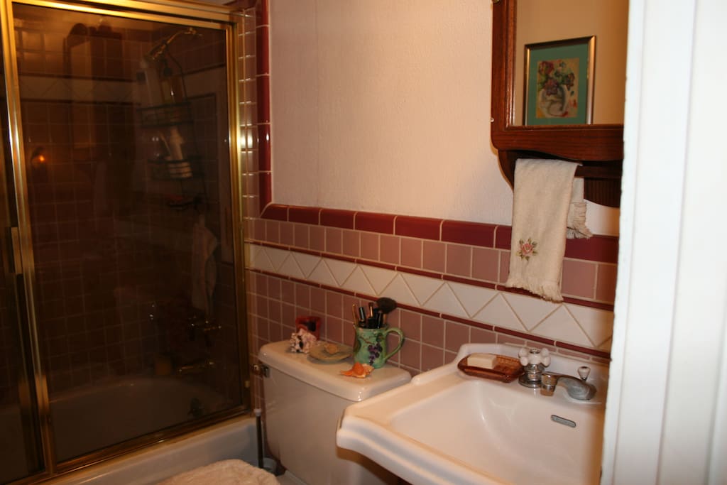 shared bathroom with large tub/shower & bubble bath