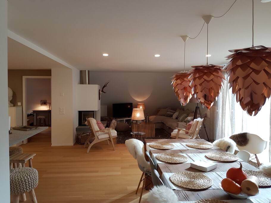 Dining area and fireplace