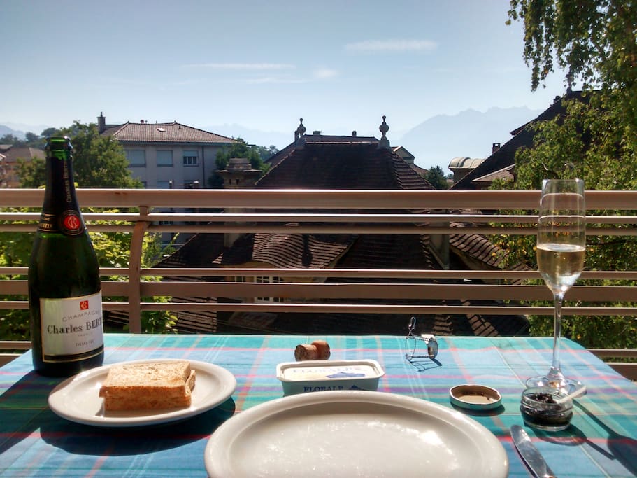 View from the balcony in the summer (with breakfast).