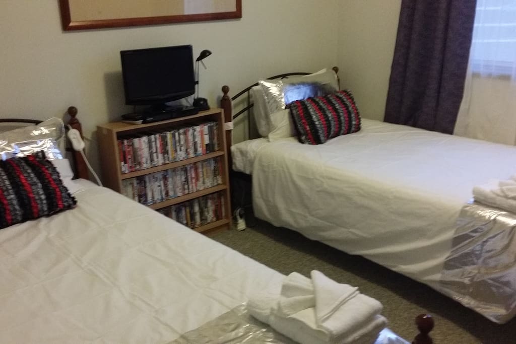 DVD player and own dvd library to choose from.