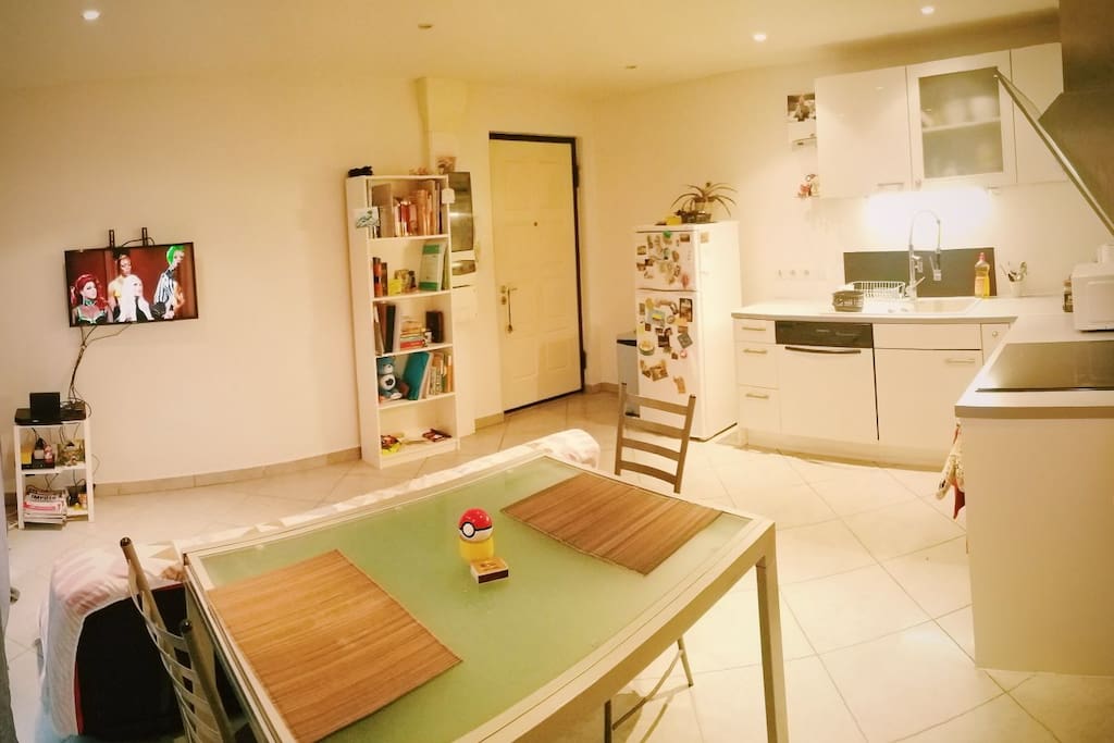 This one look of the living area. You can see the kitchen on the right, the dining room in the middle, and the entrance at the end. Behind the dining table there's a sofa bed and a TV. It has Netflix! :)