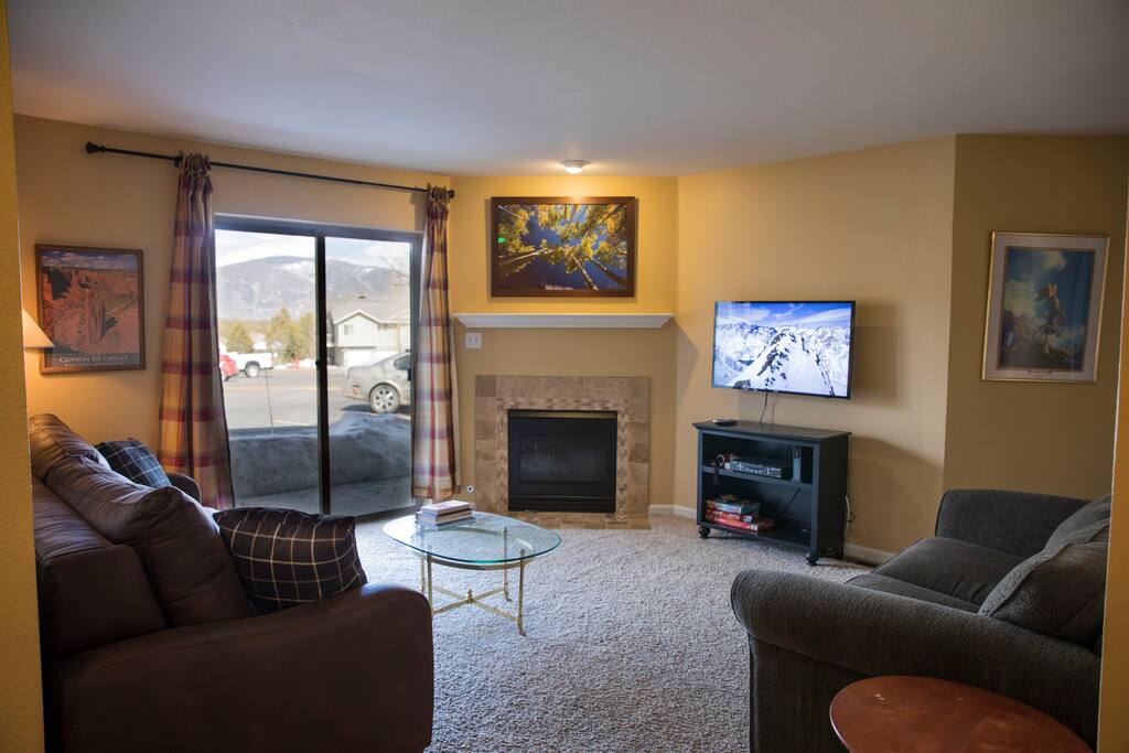 Living room. Couch on the left pulls out to a king size bed.