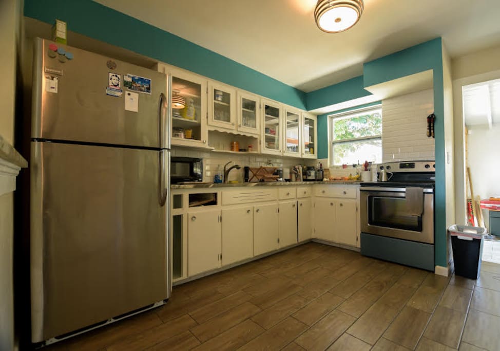 View of the kitchen. Guests have access to the fridge, utensils, and cooking equipment.