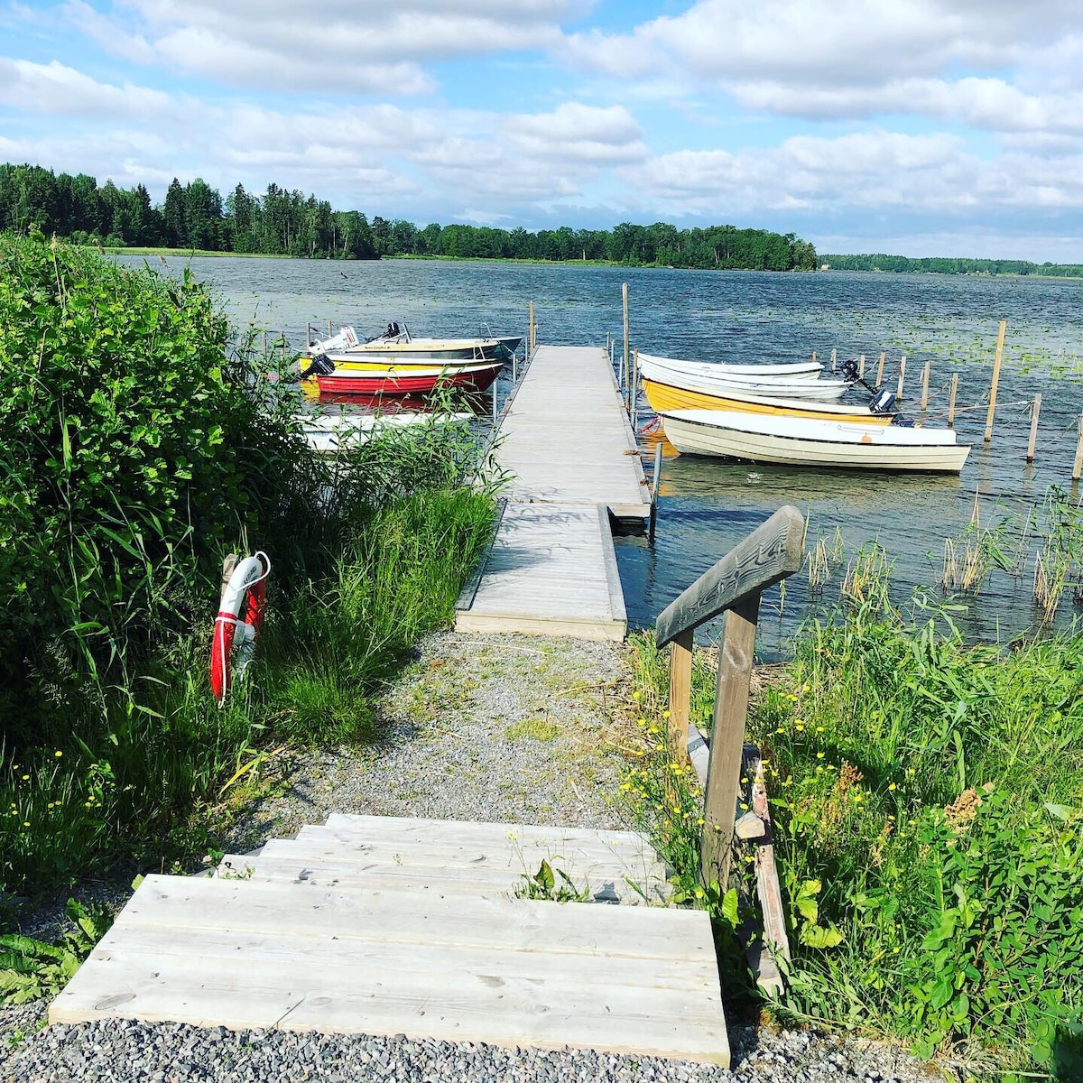 A wooden dock extends into a tranquil body of water, with several boats moored alongside. Lush greenery surrounds the area, complemented by a gravel pathway leading down to the dock. Soft clouds drift across the sky, providing a serene backdrop.