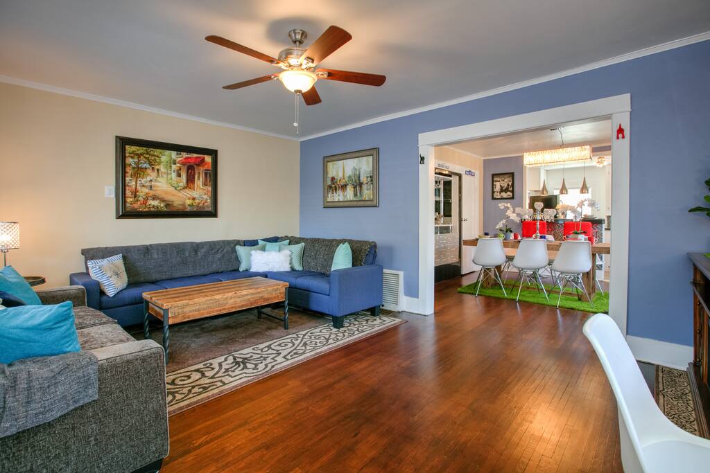 The living room opens up to the dining room