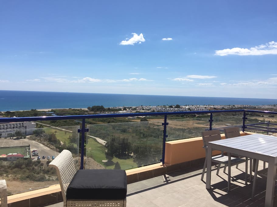 A fantastic view of the sea and the golf course from the terrace.