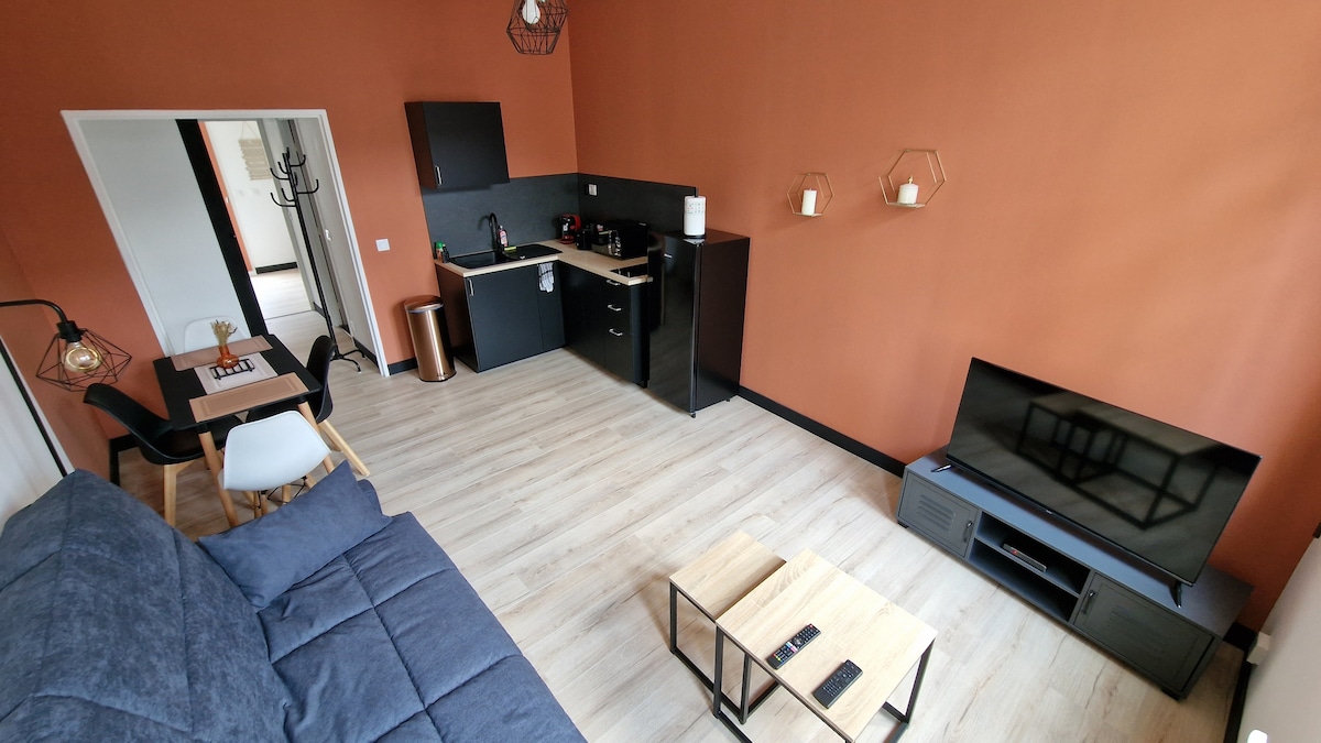 A spacious living area features an open kitchen with modern appliances against a warm, terracotta wall. A comfortable sofa and two coffee tables occupy the space. A television is positioned on a low stand, and natural light enters through the doorway.