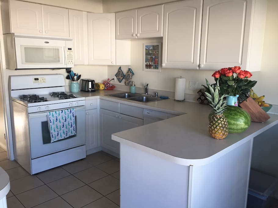 Fully equipped kitchen with refrigerator, stove tops, dishwasher, garbage disposal and oven.