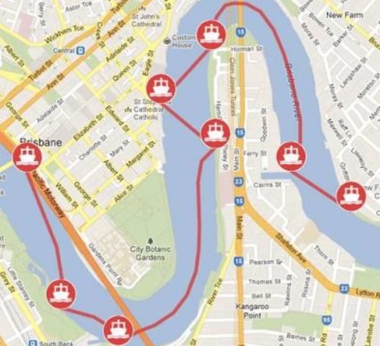 Free city hopper ferry up and down river. 10mins walk away