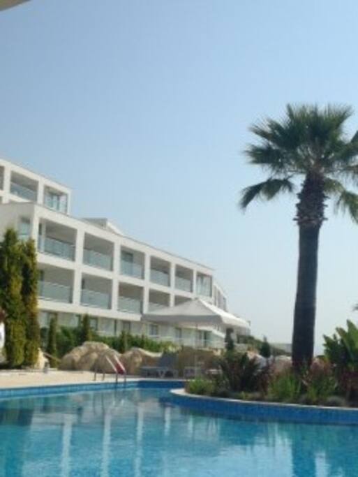 view of the apartments from main pool area