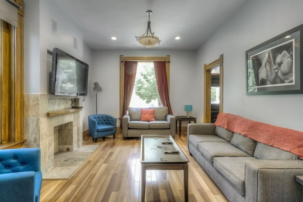 Open living room with pullout queen couch