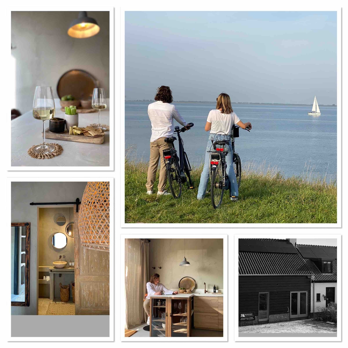 A dining scene features wine glasses placed on a table adorned with natural elements, inviting a relaxed atmosphere. In another image, a couple stands with bicycles, overlooking a calm waterway where a sailboat glides by. The bathroom is highlighted by a circular mirror and soft lighting, while an interior space displays minimalist decor. A view of the exterior showcases a modern building with a sloped roof.