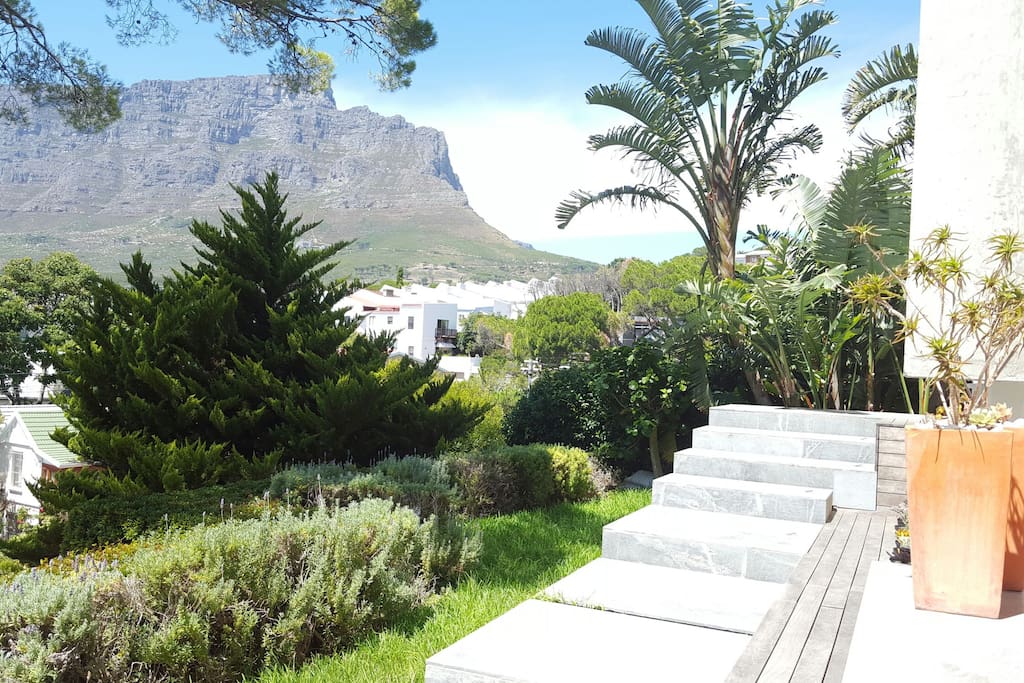 Front garden overlooking Table Mountain and steps leading to front door.