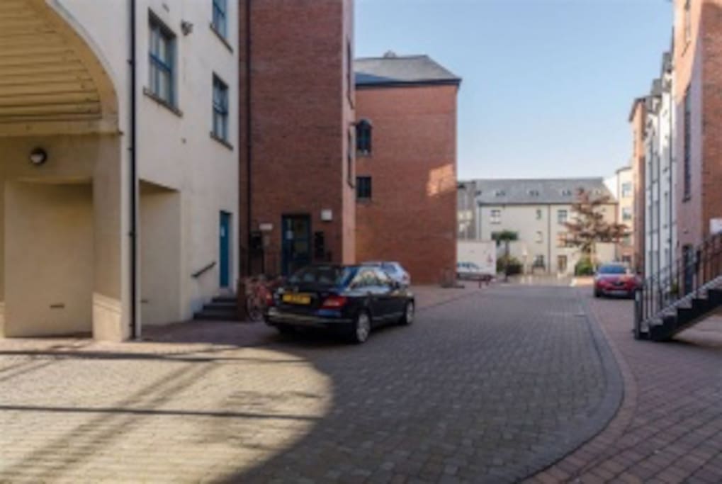 Apartment complex courtyard and parking