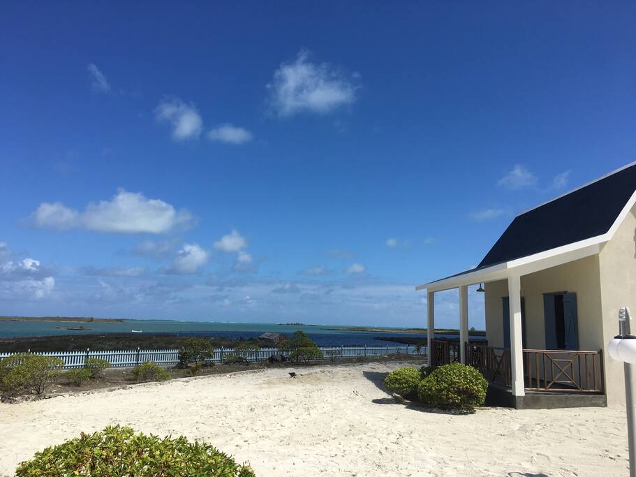 Bungalow, endemic shrubs and the lagoon/Le bungalow, les arbustes endémiques et le lagon