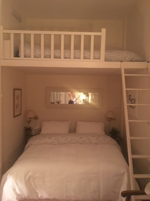 Queen top of the line and double mattress above