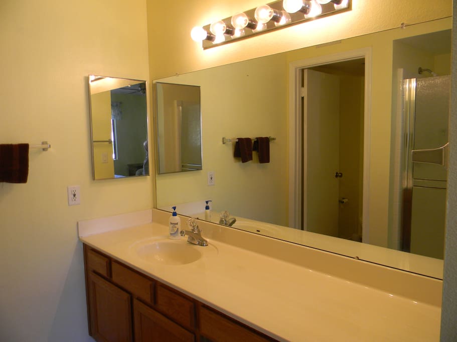 Master bath with large vanity; separate toilet and shower