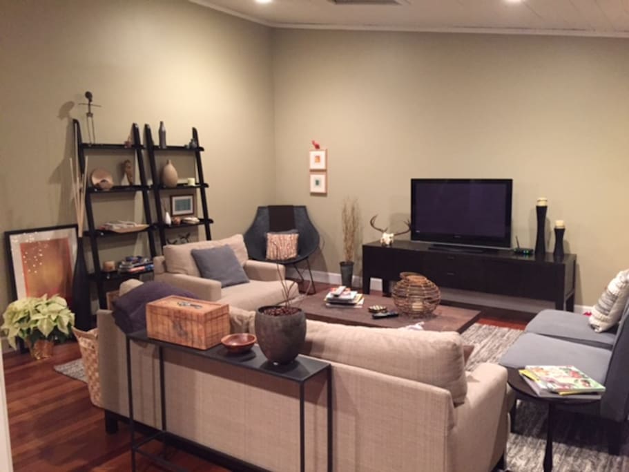 Main floor family room open to dining and kitchen