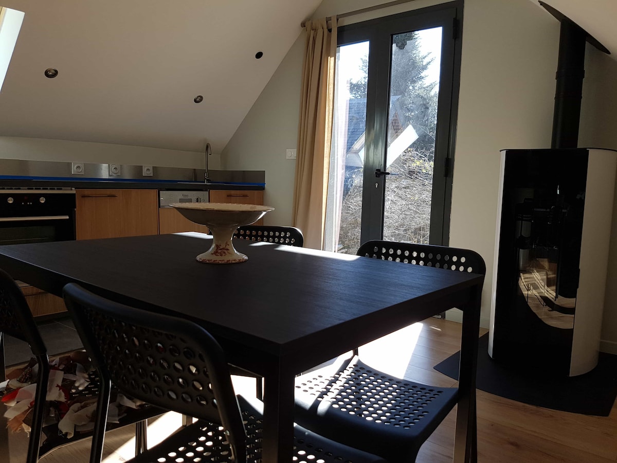 A modern kitchen area features a sleek table surrounded by black chairs. A bowl is centered on the table, while large glass doors allow natural light to fill the space, leading to an outdoor view. A pellet stove adds warmth to the room.