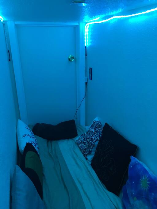 View from the inside. Change the color of the space to your liking with the LED remote Velcro-ed to the wall.
