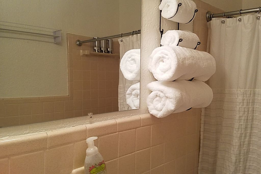 the mirror reflection shows shampoo, conditioner, and body wash in the dispenser... straight from Trader Joe's!