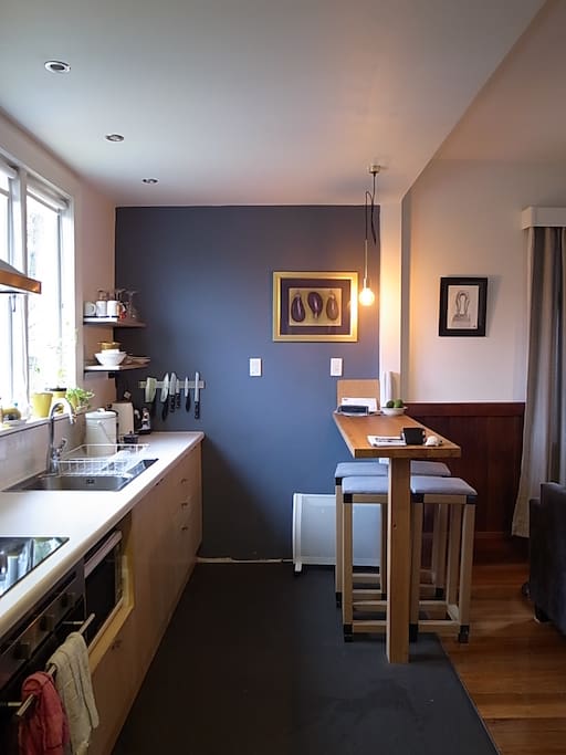 The renovated bright kitchen and breakfast bench