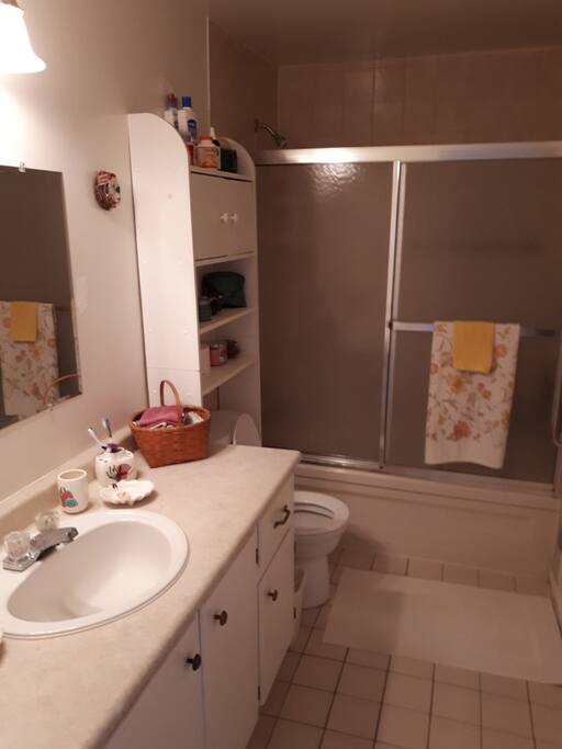 This bathtub/shower has handrails inside for extra stability.