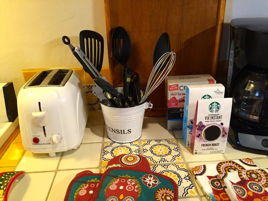 Coffee and tea and coffee pot are ready for you.