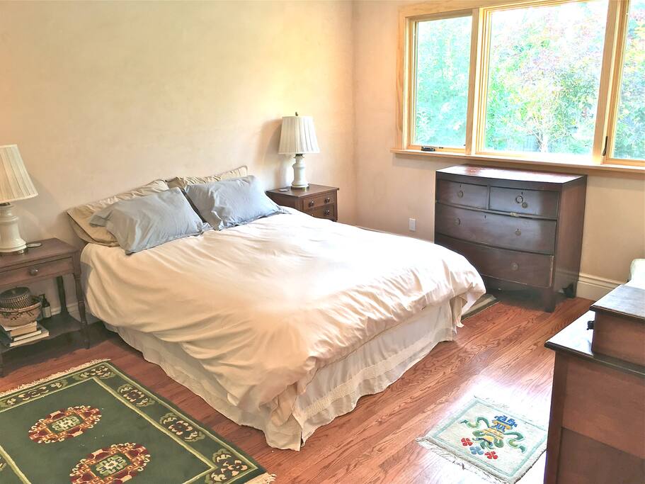 Master bedroom with large windows to back garden
