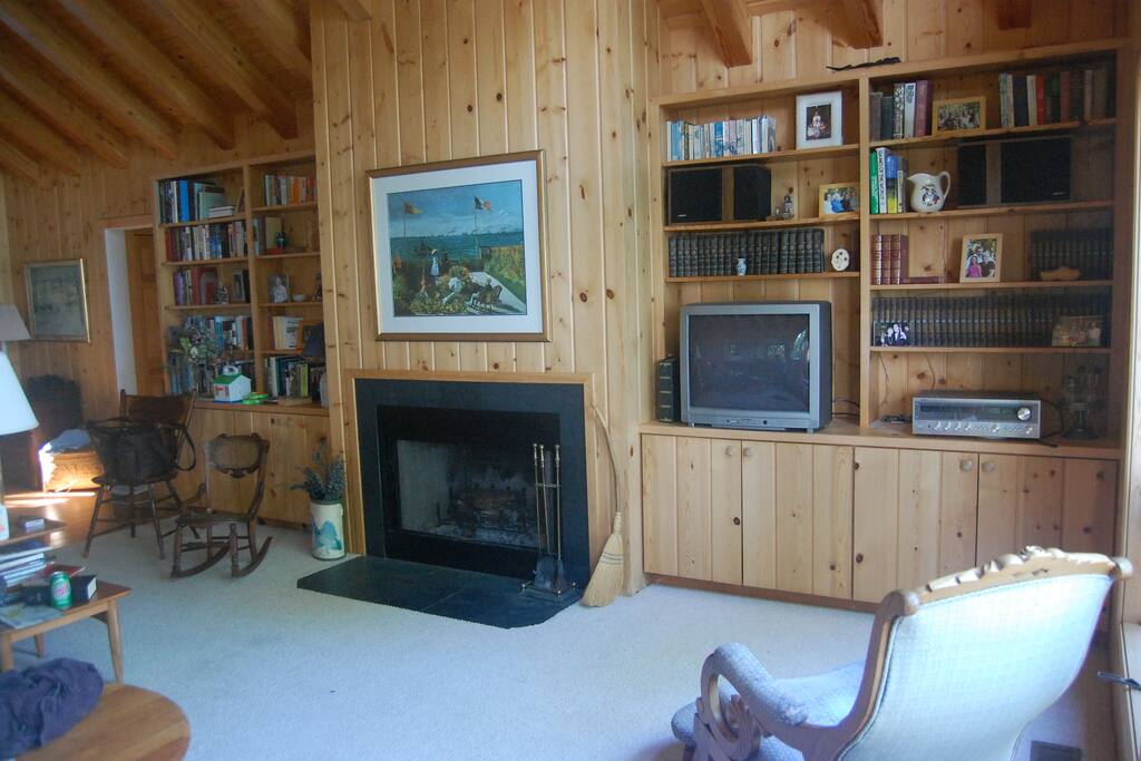 Spacious living room with fireplace
