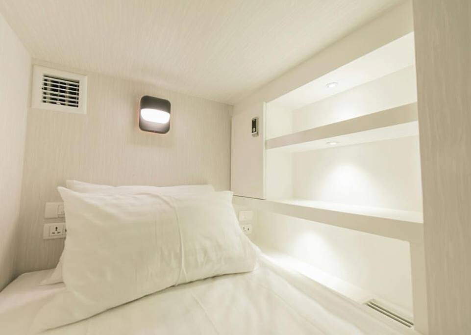 A private Sleeping Pod where all your belongings are tightly kept beside you.